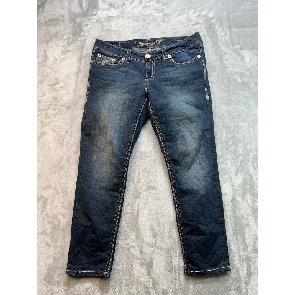 Seven7 Womens Plus Sz 16 Blue Jeans Skinny Embroidered  Whiskered Faded Denim